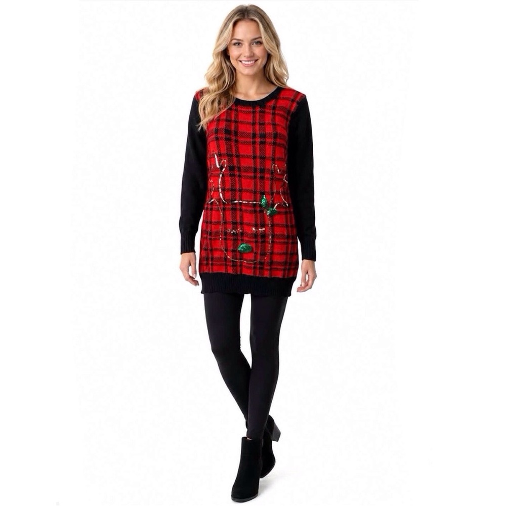 NY Laundry Ugly Christmas Buffalo Plaid Sweater Sequin Reindeer Size Xl